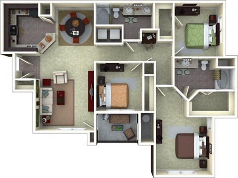Floor plan for 3 beds, 2 baths, 1322 sqft